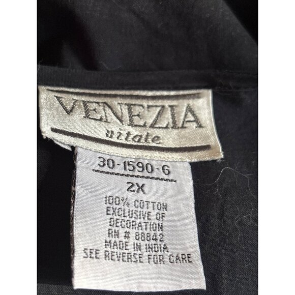 Venezia Vitale Woman Cotton 2X Black with White Embroidery Tunic Top Bell Sleeve - Picture 7 of 8